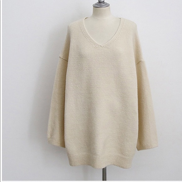 Sweater wool knit loose wide sleeve v-neck khaki cream womens winter top long - Picture 5 of 6